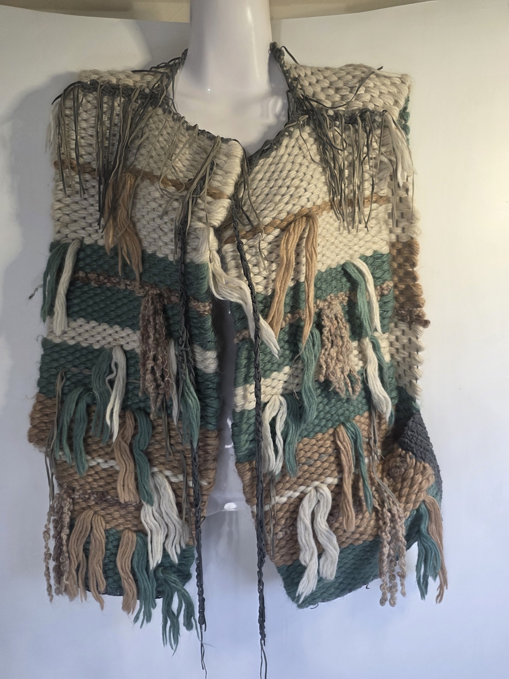Boho Fringe Knit Vest in Cream, Green & Brown Size S.